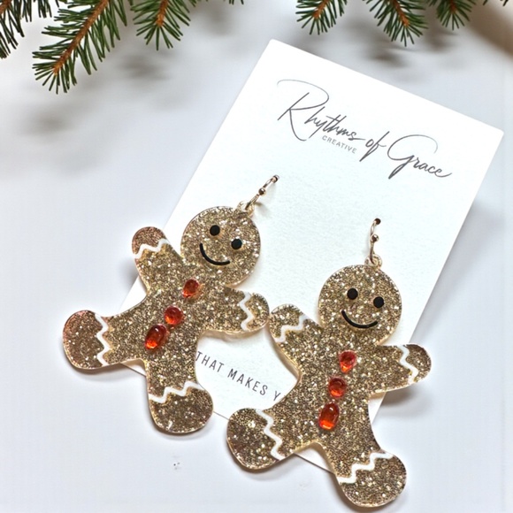 Gingerbread Man Christmas Dangle Earrings – Sparkly Holiday Jewelry, NWT - Picture 6 of 7